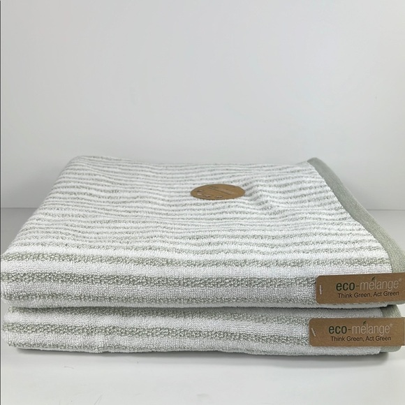 ECO Melange Bath Towel Set Green (Sage) White Striped Cotton Set of 2 NEW - Picture 1 of 8